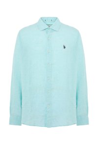 Camicia a maniche lunghe azzurro chiaro in lino con colletto button-down, caratterizzata da un piccolo logo ricamato sul lato sinistro del petto.
