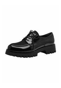 Schwarze Schnürschuhe mit glänzendem Lackfinish, runder Zehenform und dicker, strukturierter Gummisohle für besseren Halt.