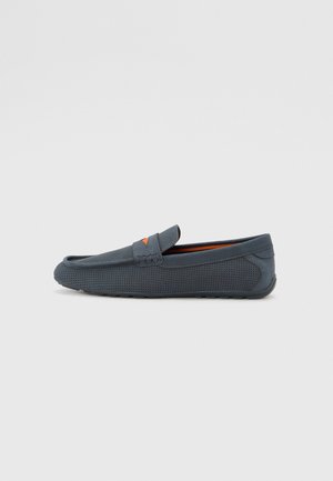 Gray perforated loafers with a solid toe, flexible sole, and an orange accent near the vamp. Smooth textile material, casual design.