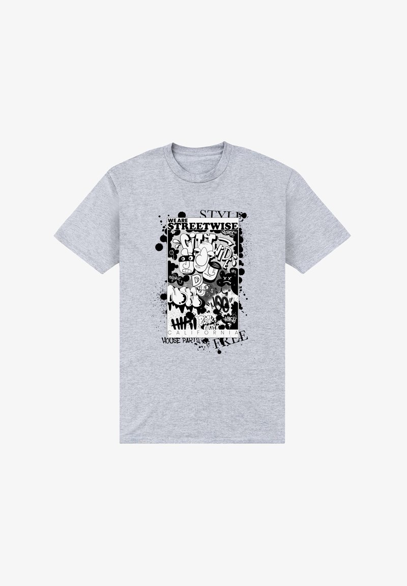 Camiseta de algodón gris con estampado gráfico en blanco y negro, que incluye texto y personajes de estilo caricatura, con acentos de salpicaduras.