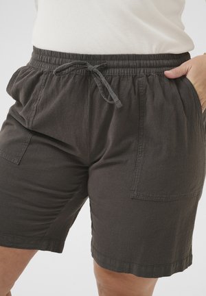 Shorts gris foncé décontractés avec une taille élastique, un cordon de serrage et de grandes poches latérales. Fabriqués en tissu léger.