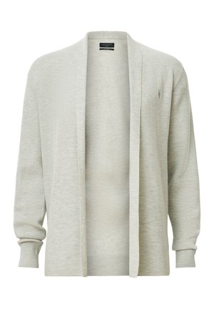 Light gray cardigan with ribbed texture, open front design, long sleeves, and a subtle logo on the chest. Made from soft fabric.