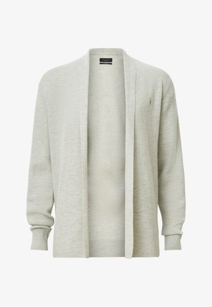 Cárdigan gris claro con textura acanalada, diseño de frente abierto, mangas largas y un sutil logo en el pecho. Fabricado con tejido suave.