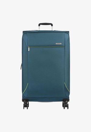 Valigia morbida blu con quattro ruote, maniglia superiore, tasca anteriore con zip e linee di accentuazione giallo neon sugli angoli inferiori.