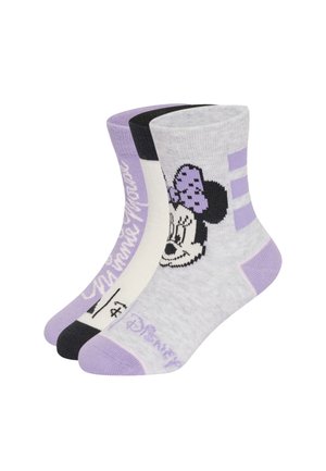 Trzy pary skarpetek do kostek z motywami Minnie Mouse w lawendowym, czarnym, białym i szarym kolorze z twarzami postaci i szczegółami tekstowymi.