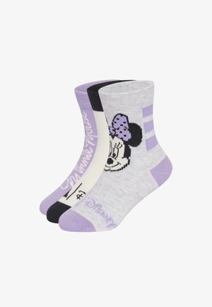 Drei Paar Knöchelsocken mit Minnie-Maus-Designs in Lavendel, Schwarz, Weiß und Grau mit Charaktergesichtern und Textdetails.
