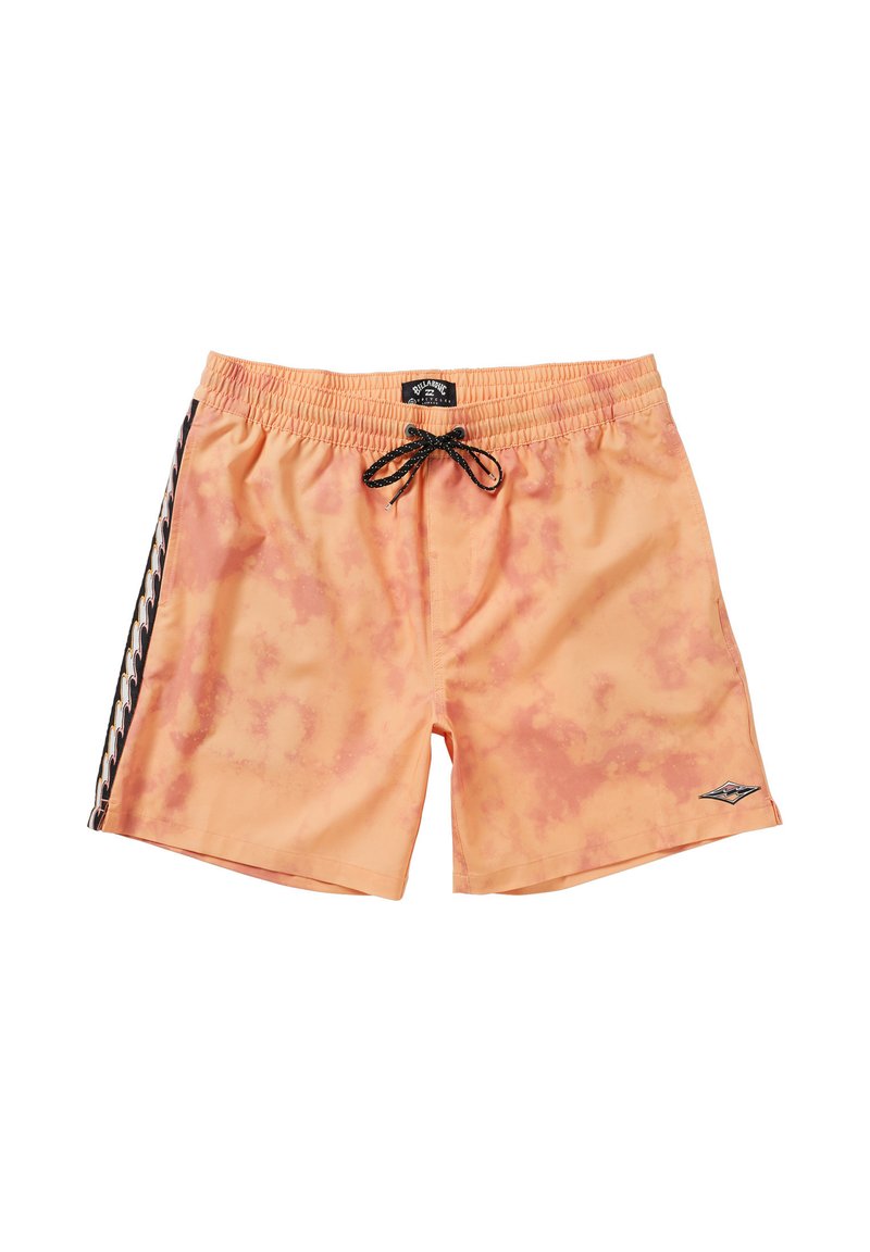Pantaloni da bagno pesca con un motivo simile a nuvole, vita elastica, cordoncino nero e strisce laterali a contrasto. Logo ricamato sul davanti.