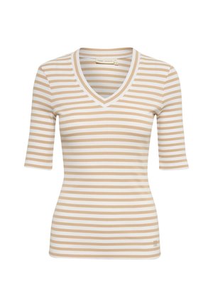 Gestreepte, korte mouwen, V-hals top in beige en witte ribstof, met verticale strepen en een aansluitend ontwerp. Bedenkwaardig merklogo accent.