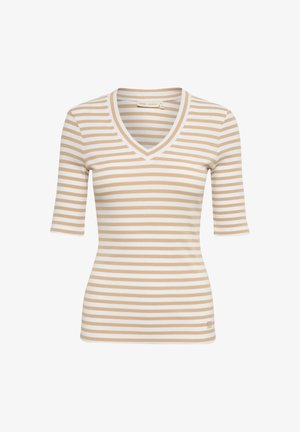 Csíkos, rövid ujjú, V nyakú felső bézs és fehér bordázott anyagból, függőleges csíkokkal és testhezálló fazonnal. Figyelemre méltó márkajelzés díszíti.