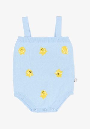 Tutina per neonati azzurro chiaro lavorata a maglia con motivi di pesci gialli sorridenti e spalline, con chiusure a bottoni sul fondo.