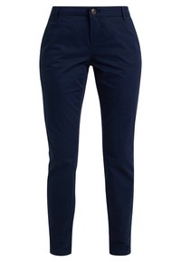 Námořnické modré bavlněné kalhoty s rovným střihem, zapínáním na knoflík a standardními kapsami. Hladká textura, vhodné pro každodenní nošení.