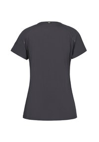 Kortärmad, mörkgrå t-shirt med rund hals, slät textur och platta sömmar; har subtil logotypdetalj vid nacklinjen bak.