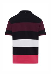 Kurzarm-Poloshirt mit horizontalen Streifen in Schwarz, Burgunderrot, Weiß und Pink. Hergestellt aus weicher Baumwolle mit klassischem Kragendesign.