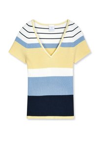 Rippstrick-Pullover mit kurzen Ärmeln und V-Ausschnitt, verziert mit horizontalen Streifen in Gelb, Hellblau, Weiß, Dunkelblau und Schwarz.