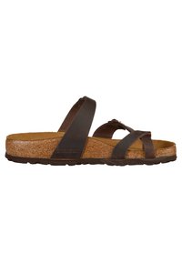 Brune lædersandaler med krydsende stropper og en korksål. Gummisålen giver godt greb. Har et fremtrædende brandlogo på siden.