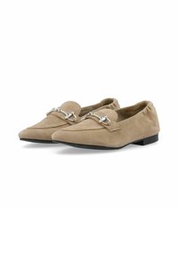 Beige suede loafers with a pointed toe, elasticized opening, and silver-tone hardware detail across the upper. Low black heel.