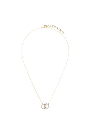 Delikatny złoty naszyjnik z dwoma połączonymi okrągłymi zawieszkami, jedną złotą i jedną srebrną, oraz regulowanym zapięciem.