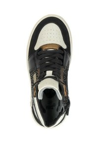 Hoge sneakers met zwart, wit en bruin leer. Gevoerde kraag, zwarte veters en geperforeerde teendetail. Ontwerp met zijrits sluiting.