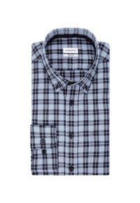 Blå rutig skjorta med vanlig krage, med mörkblå och ljusgrå rutor, enkel knappmanchett och svarta knappar.