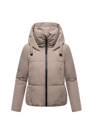 Beige pufferjack met een hoge kraag en een vaste capuchon. Voorzien van een voorsluiting met rits, twee zijzakken en een contrasterende zwarte rits.