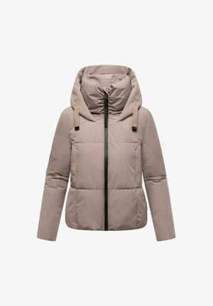 Beige dunjakke med høy krage og festet hette. Har glidelås foran, to sidelommer og kontrastfarget svart glidelås.