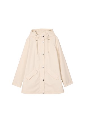 Heller beiger Regenmantel mit Kapuze, versehen mit Druckknöpfen, zwei Fronttaschen und einem Kordelzug am Kragen. Hergestellt aus wasserabweisendem Material.
