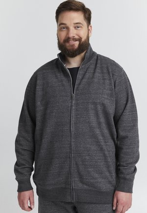 Dark gray zip-up sweatshirt featuring a high collar, ribbed cuffs and hem, and a soft, textured fabric. The design is simple and casual.