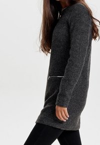 Grauer langer Wollpullover mit Rundhalsausschnitt, seitlicher Reißverschlusstasche und langen Ärmeln, mit geradem Schnitt und strukturierter Stoffqualität.