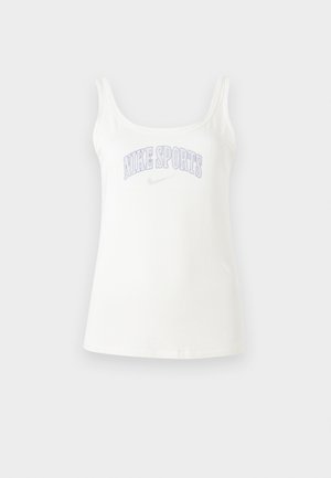 White tank top in cotton blend, featuring wide shoulder straps and “NIKE SPORTS” graphic in light purple across the chest. Smooth texture.