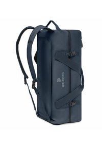 SAC DE SPORT MARIN en tissu durable, doté de bretelles rembourrées, de sangles de compression et d'un logo. Il présente une forme rectangulaire.