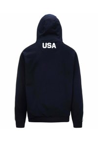 Felpa con cappuccio blu navy con testo bianco "USA" sulla schiena, caratterizzata da una superficie liscia e polsini e orlo a coste.