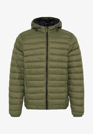 Junger Mann trägt eine olivgrüne Steppjacke über einem weißen Hemd, blaue Jeans und braune Lederschuhe, steht vor einem schlichten weißen Hintergrund.
