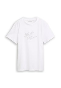 Weißes Baumwoll-T-Shirt mit kurzen Ärmeln und Rundhalsausschnitt. Mit silberner, gestickter Schrift auf der Vorderseite. Weiche Textur, normale Passform.