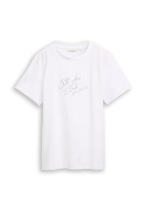 Witte katoenen t-shirt met korte mouwen en een ronde hals. Voorzien van zilver geborduurde tekst aan de voorkant. Zachte textuur, normale pasvorm.