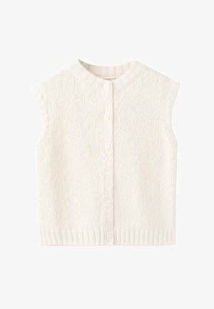 Bijela pletena prsluk bez rukava s patentnim zatvaračem, teksturiranim tkanjem, rebrastim rubom i ovratnikom, jednostavnog i minimalističkog dizajna.