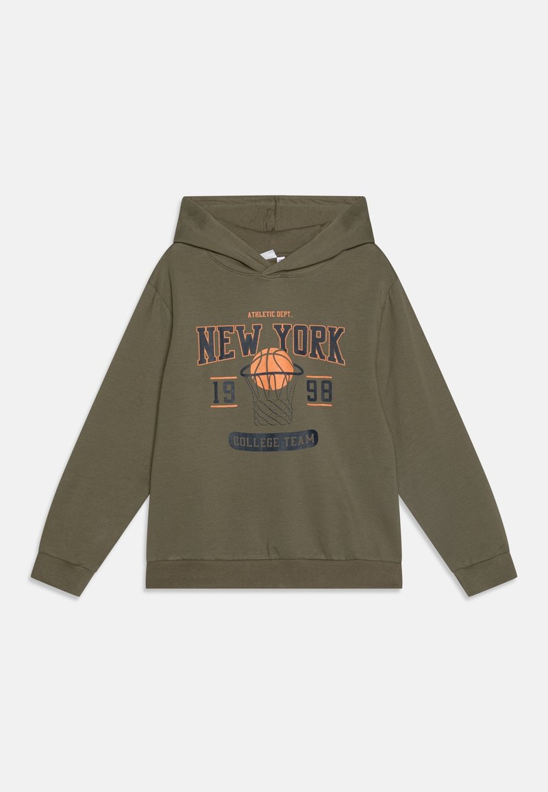 Hoodie vert olive avec une poche kangourou, comportant un graphique de basket-ball et le texte "NEW YORK 1998 ÉQUIPE DE COLLEGE" en orange et marine.