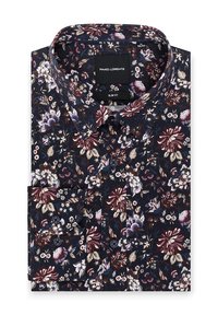 Koszula slim fit z ciemnoniebieskim tłem w kwiatowe wzory w odcieniach burgundu, bieli i fioletu, z zapięciem na guziki i detalem kieszeni.