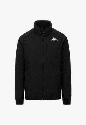 Veste noire à fermeture éclair avec col montant et logo blanc représentant deux figures assises sur le côté gauche de la poitrine, présentée sur un fond blanc uni.