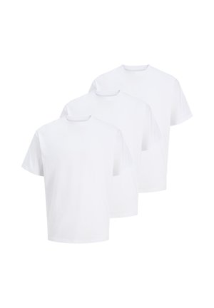 Drei schlichte weiße T-Shirts mit kurzen Ärmeln und Rundhalsausschnitt, in einer versetzten überlappenden Reihe angeordnet.