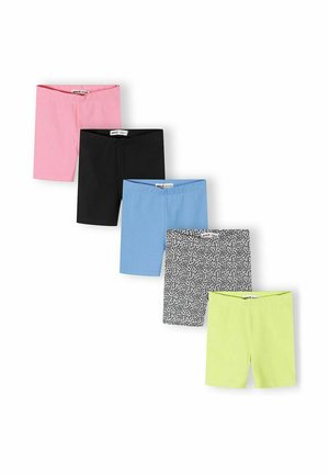 Pięć par złożonych szortów w kolorze różowym, czarnym, niebieskim, czarnym z białym wzorem zwierzęcym oraz jasnozielonym, ułożonych diagonalnie na białym tle.