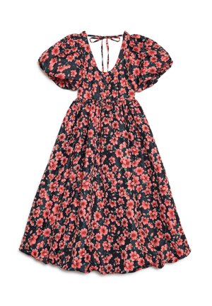 Robe midi noire avec manches courtes bouffantes, imprimé floral rose, décolleté plongeant en V et fermeture dos à nouer.