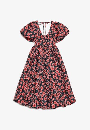 Robe midi noire avec manches courtes bouffantes, imprimé floral rose, décolleté plongeant en V et fermeture dos à nouer.