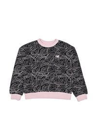 Felpa nera con linee di contorno bianche, colletto e polsini a costine rosa. Presenta un piccolo logo sul davanti. Tessuto morbido e testurizzato.