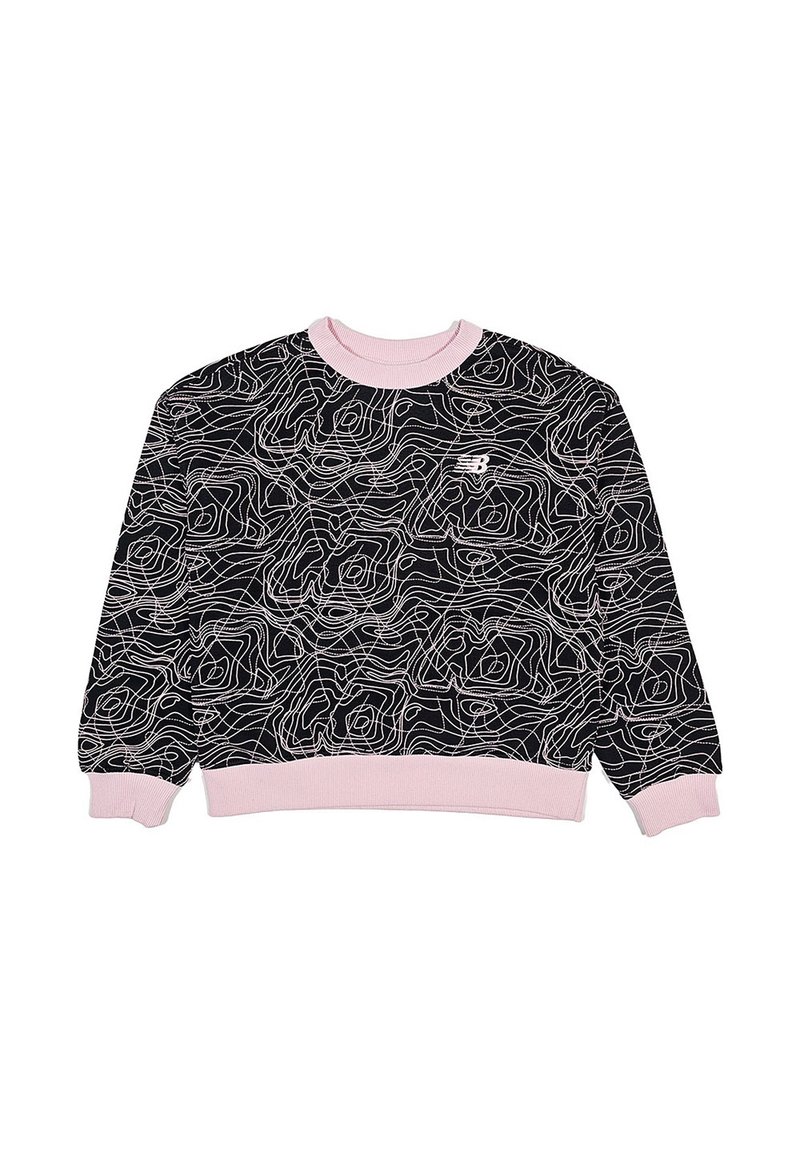 Felpa nera con linee di contorno bianche, colletto e polsini a costine rosa. Presenta un piccolo logo sul davanti. Tessuto morbido e testurizzato.