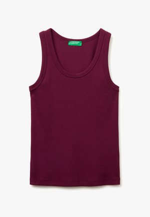 Bezrekawnik prążkowany w ciemnym fioletowym kolorze z zieloną metką z napisem „United Colors of Benetton” przy dekolcie.