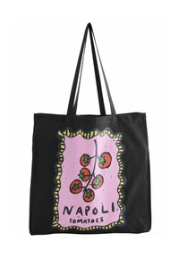 Black tote bag featuring a colorful illustration of tomatoes on a pink background, framed with a scalloped yellow border and text.