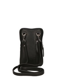Borsa a tracolla in pelle nera con chiusura a zip, più scomparti e hardware in tono argento. Texture liscia con un design semplice.