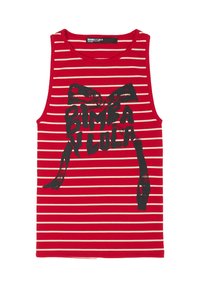 Czerwono-biały top na ramiączkach w paski z czarnym wzorem graficznym z napisem "BIMBA Y LOLA" i motywem kokardki. Żebrowana faktura.