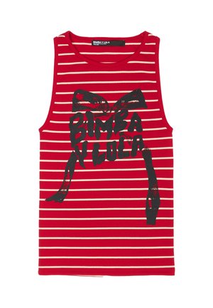 Rotes und weiß gestreiftes Tanktop mit einem schwarzen Grafikdesign, das den Text "BIMBA Y LOLA" und ein Schleifenmotiv zeigt. Gerippte Textur.
