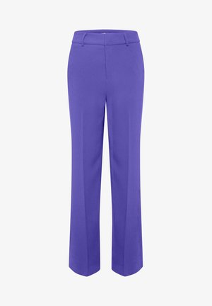 Pantalon droit violet avec passants pour ceinture et fermeture éclair frontale, présenté sur un fond blanc.
